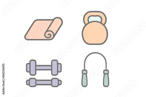 Various fitness equipment arranged creatively for a home workout routine in a minimalist style