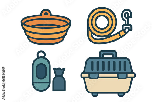 Essential pet care items including a bowl, leash, waste bag dispenser, and travel carrier showcased together for dog owners