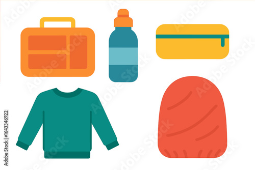 Essentials for a day at school with lunchbox, water bottle, sweater, pencil case, and backpack