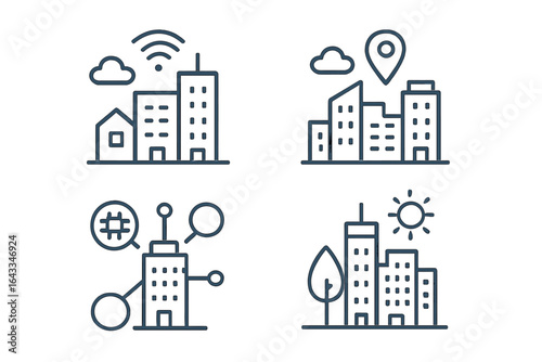 Modern urban elements showcasing connectivity, architecture, and smart city features in vibrant city landscapes
