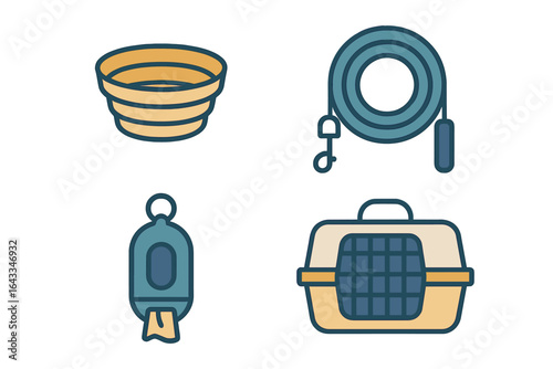 Pet care essentials including food bowl, leash, bell, and carrier for cats and dogs