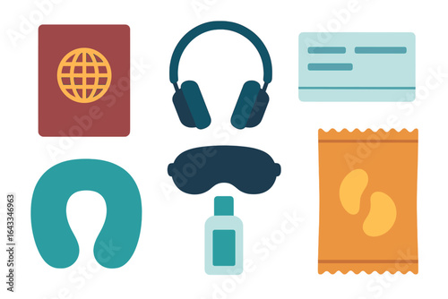 Travel essentials for a comfortable journey featuring a passport, headphones, and snacks