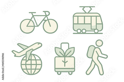 Transportation options including bicycle, tram, airplane, and hiking for sustainable travel choices