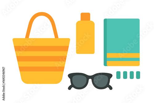 Summer beach essentials featuring a tote bag, sunscreen, towel, and sunglasses arranged neatly