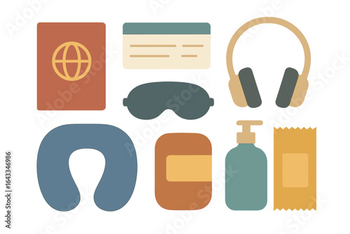 Travel essentials including passport, headphones, and neck pillow for a comfortable journey ahead