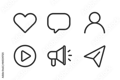 Simple line icons representing communication tools and social media actions for digital interfaces