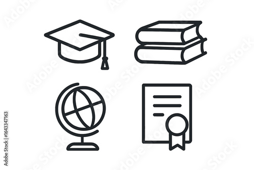Education symbols representing graduation, learning resources, global knowledge, and academic achievement