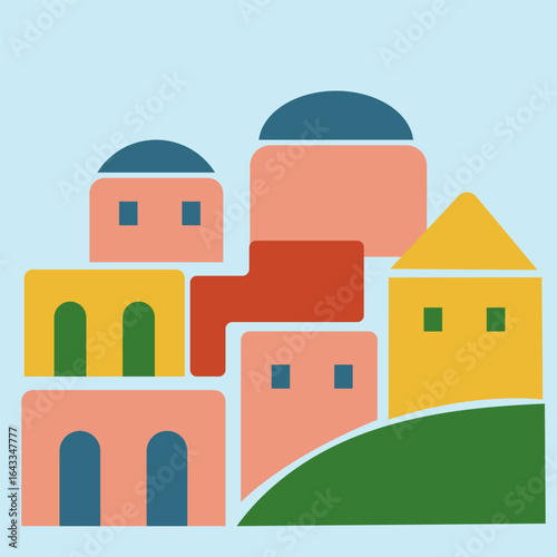 Seacoast Europe City District Architecture. Mediterranean Amalfi Style. Italy, Greece Summer Travel Resort Advertising Card Invitation Poster Background. Vibrant Town House Building Street Flat Art.