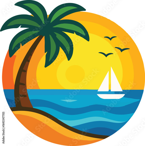 Tropical Beach Sunset Vector – Palm Tree, Sailboat, and Ocean Waves in Circular Summer Scene
