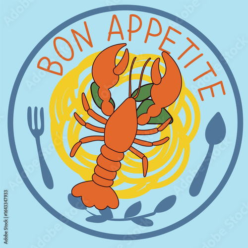 Lobster Seafood Animal Retro Style Poster. Mediterranean Food Amalfi Vintage Art Style. Cafe Restaurant Menu Page Illustration. Cartoon Vibrant Summer Resort Vacation Holiday Advertising Flyer Card