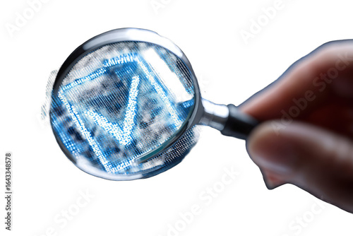 Magnifying glass focuses on digital 'M'
