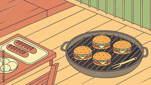 Illustration of backyard barbecue with burgers hotdogs and buns on grill for summer cookout party