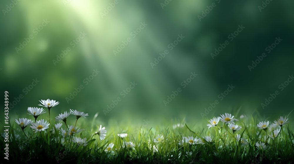 Fototapeta premium White daisies growing in lush green grass with magical sunbeams streaming through misty forest background creating dreamy natural atmosphere.
