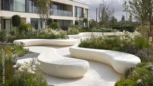 Curved, light-colored benches in a landscaped courtyard.