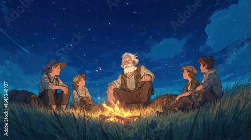 Family enjoying outdoor camping around a campfire under a starry night sky with children adults and scenic wilderness landscape for outdoor adventure and leisure