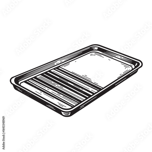 Hand drawn illustration of a rectangular paint tray with grooves and a smooth interior