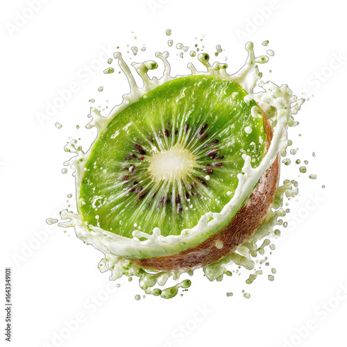 Kiwi slice exploding in a milk splash