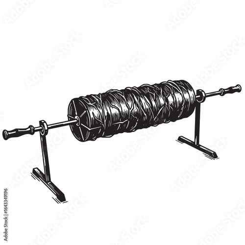 Hand drawn illustration of a spit used to roast food over an open fire for cooking.