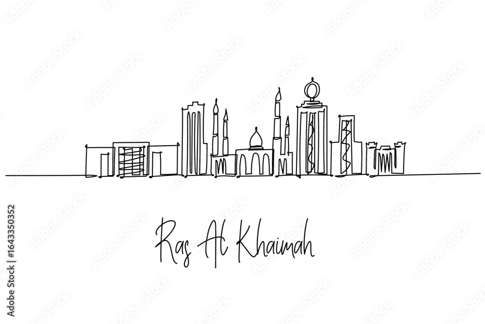 Obraz premium Ras Al Khaimah city skyline in single line drawing, highlighting mosques, waterfront towers and heritage forts