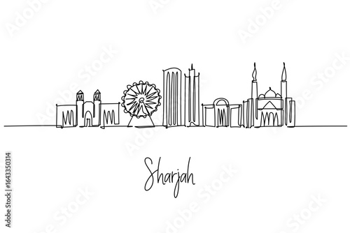 Sharjah city skyline in continuous line drawing, featuring Al Noor Mosque, Eye of the Emirates and waterfront towers; a modern architecture concept with United Arab Emirates travel theme, cultural.