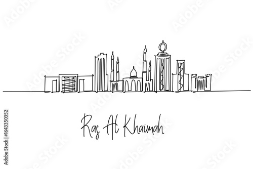 Ras Al Khaimah city skyline in single line drawing, highlighting mosques, waterfront towers and heritage forts
