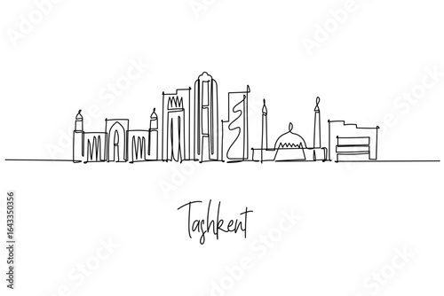 Tashkent city skyline in continuous line drawing, blending Soviet modernism and Islamic architecture with Hazrati Imam and modern towers; an urban architecture concept with Uzbekistan travel theme.