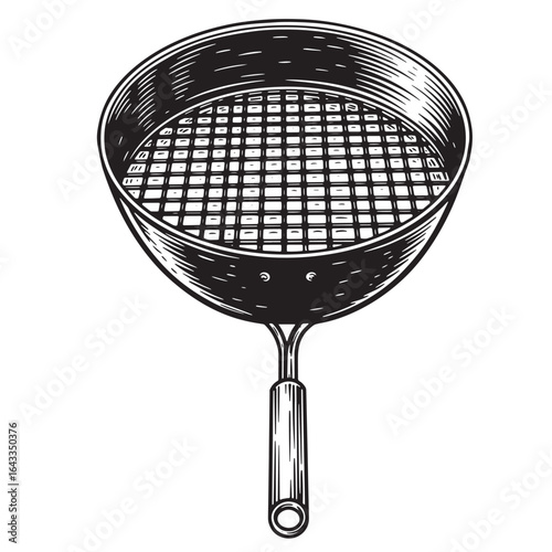 Hand drawn vintage cooking grill pan illustration with handle isolated on white background
