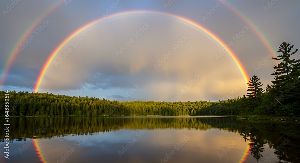 Naklejka premium Double Rainbow Over Forest Lake