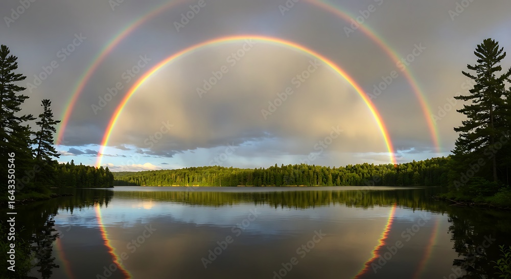 Naklejka premium Double Rainbow Over Lake and Forest Landscape
