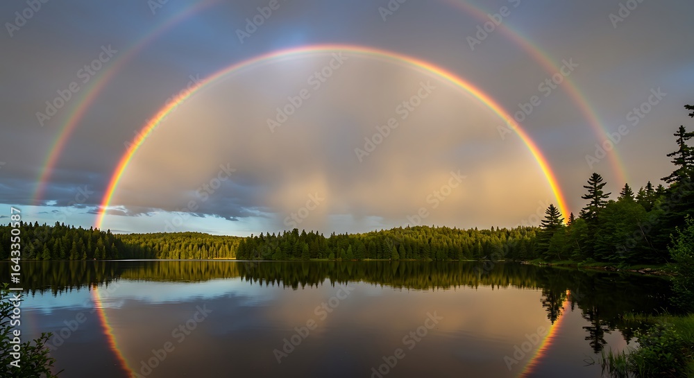 Naklejka premium Double Rainbow Over Lake and Forest Landscape