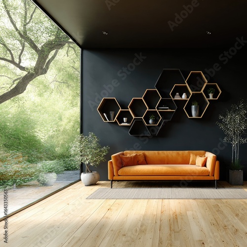 Modern living room with large windows and hexagon shelves