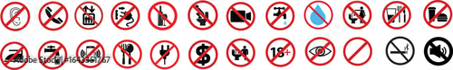 Forbidden Sign not allowed no smoking and eating.do not enter sign.No alcohol allowed sign.No record icon set. Video, photo, phone, sound, micro,recording forbidden. Warning label.Vector illustration.