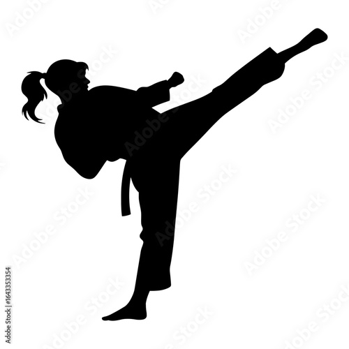 black silhouette of a female karateka in a kick pose