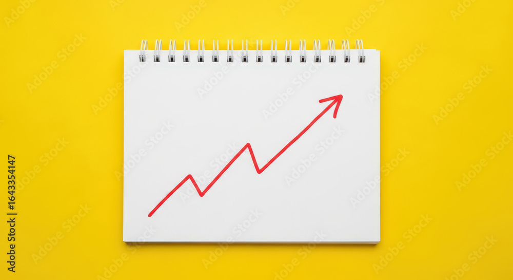 Obraz premium Upward Trend Line on Notebook Page Symbolizing Business Growth and Positive Financial Performance with Yellow Background for Optimistic Investment Outlook
