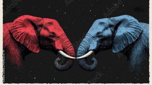 Red and Blue Elephants Political Divide Illustration on Black