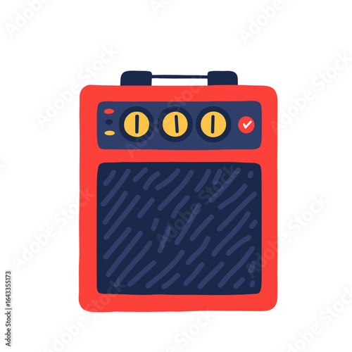 Red guitar amplifier with knobs and handle in flat design  