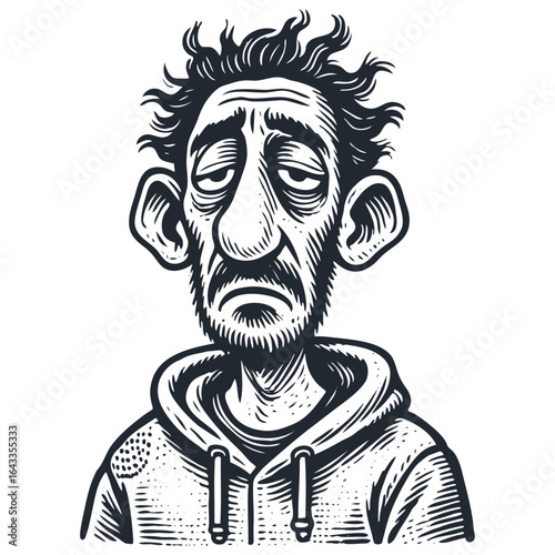 A portrait of a tired, sad, and exhausted man. This vector graphic art features a hand-drawn, vintage engraving or comic book aesthetic.