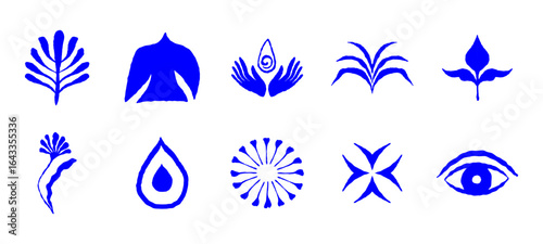 Vector abstract logo templates, icons and symbols, art prints with minimal shapes in  floral wavy ink rough hand drawn naive style, cover, packaging, branding design templates