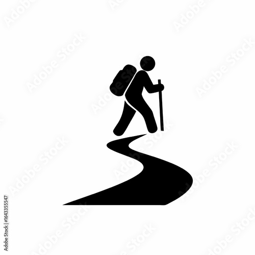A black silhouette of a hiker with a backpack and walking stick on a winding path on a white background