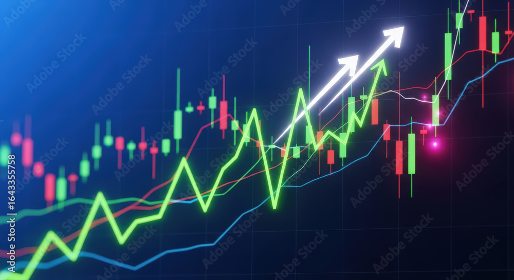 Naklejka premium Ascending Market Trend Stock Market Chart Displaying Upward Movement with Bullish Signals Indicating Positive Growth and Investment Opportunities for Traders