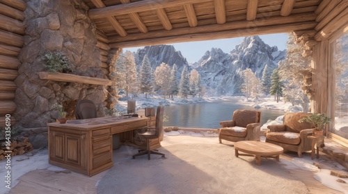 Cozy Winter Cabin Office With Snowy Mountain View