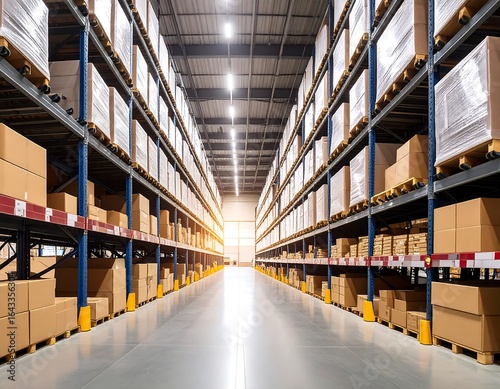 Interior view of a modern warehouse filled with stacked cardboard boxes.