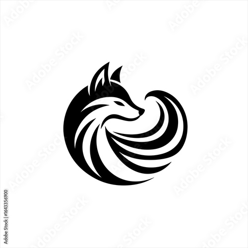 Stylized black fox logo with swirling tail on white background