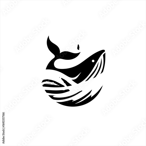 Stylized black whale logo design on white background