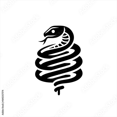 Stylized black snake coiled tightly on a white background