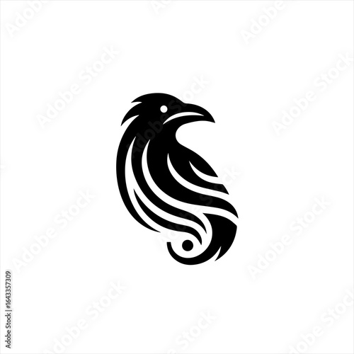 Stylized black raven silhouette with tribal feather design