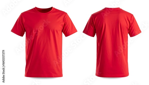 Bright Red T-shirt Front and Back Isolated on White Background