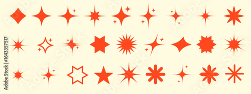 Y2k logo star. Various star-shaped designs in navy red on a light background showcasing different styles and sizes, ideal for creative projects or minimalist themes