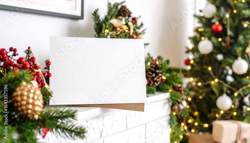 Festive Christmas blank greeting card mockup on a decorated mantelpiece indoors