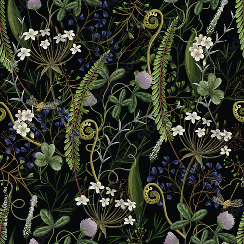 Seamless vector pattern of autumn forest plants, wild berries, clovers, herbs, ferns, and mushrooms